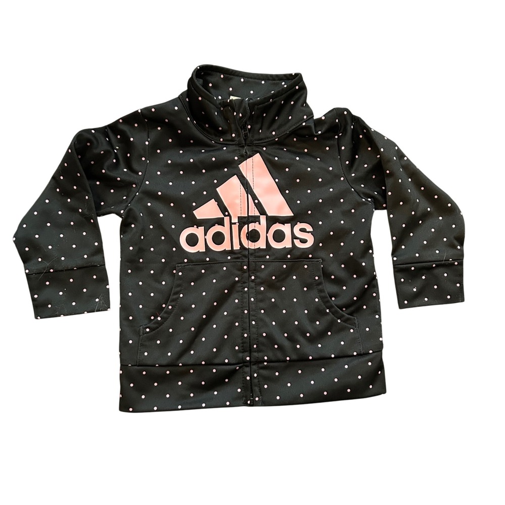 Adidas Full Zip Jacket Polka Dot Pink Logo Black Athletic S 12 Months Baby Girls